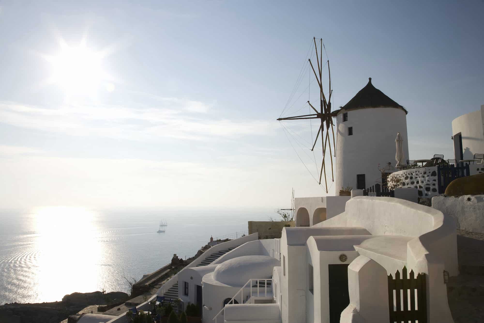 View of windmill on hillside, Oia, Santorini, Cyclades, Greece