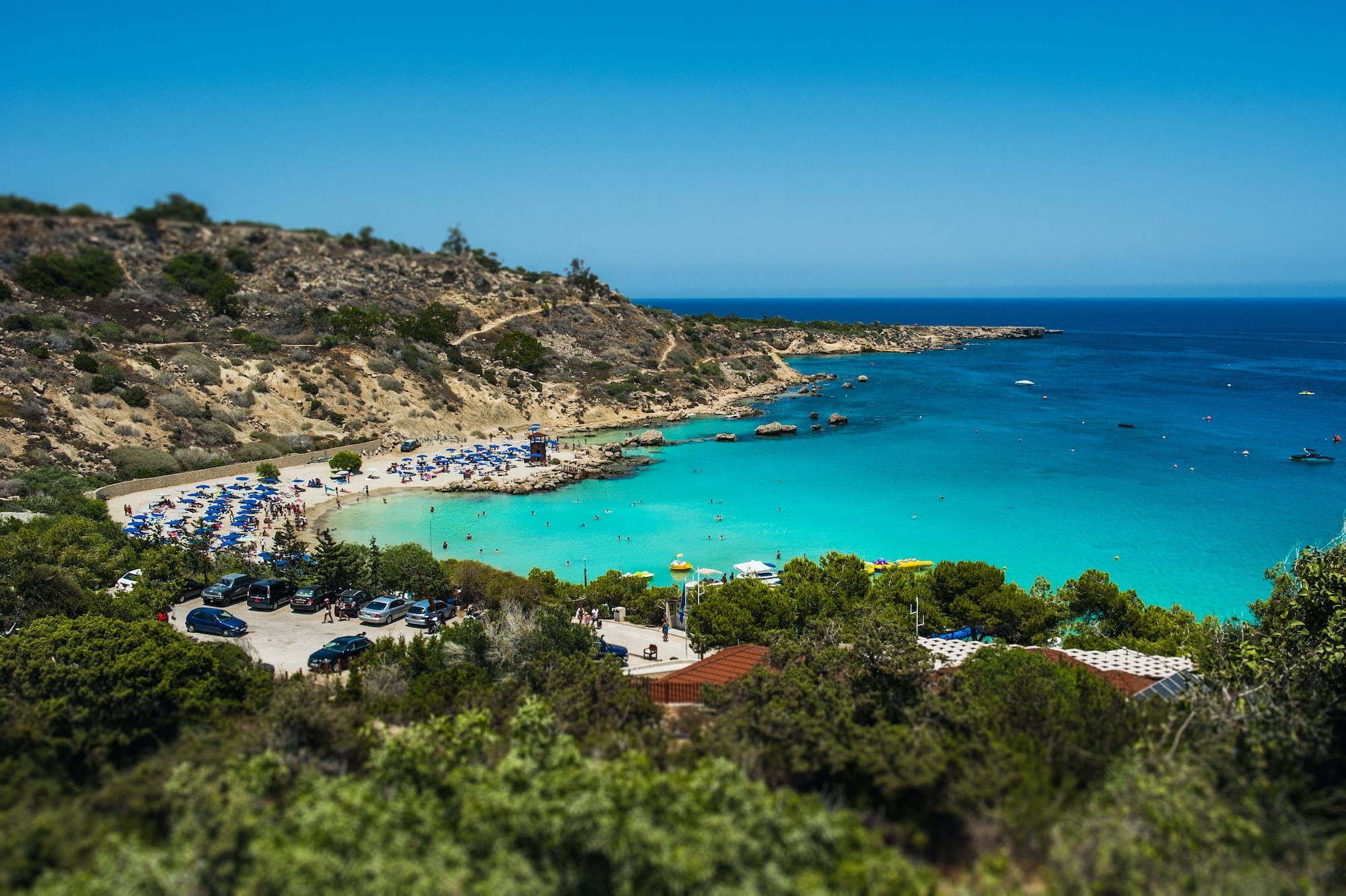 Beautiful beach in the blue lagoon on the sea. Seascape. Beautiful coast of Cyprus