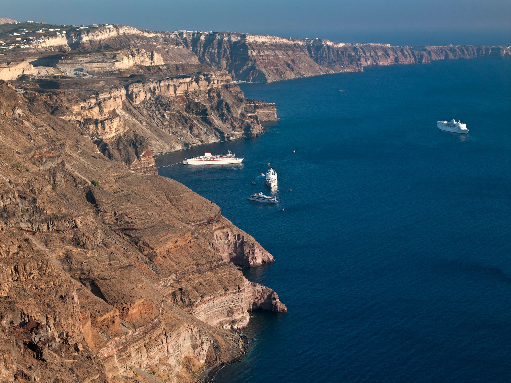 The Greek volcanic island of Santorini in the Aegean Sea off the coast of mainland Greece