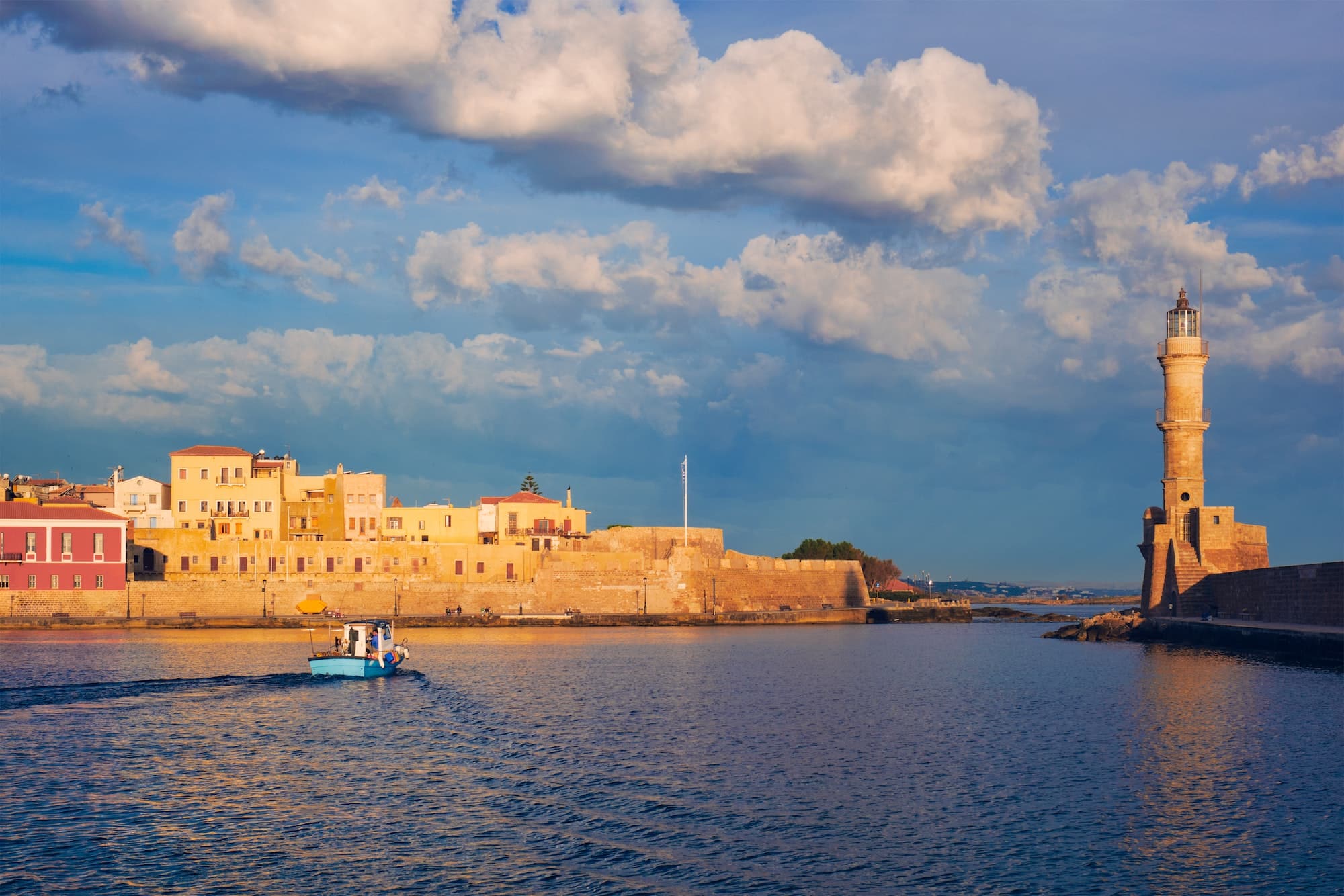 Boat in picturesque old port of Chania, Crete island. Greece
