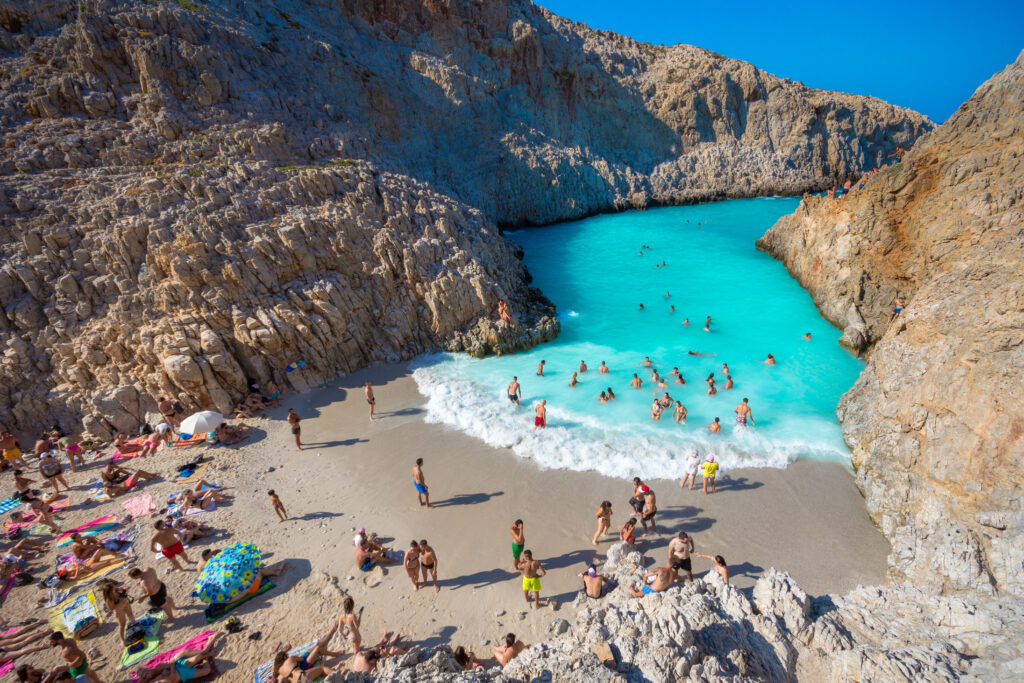 Seitan limania or Agiou Stefanou, the heavenly beach with turquoise water. Chania, Akrotiri, Crete, Greece on August 24, 2017.