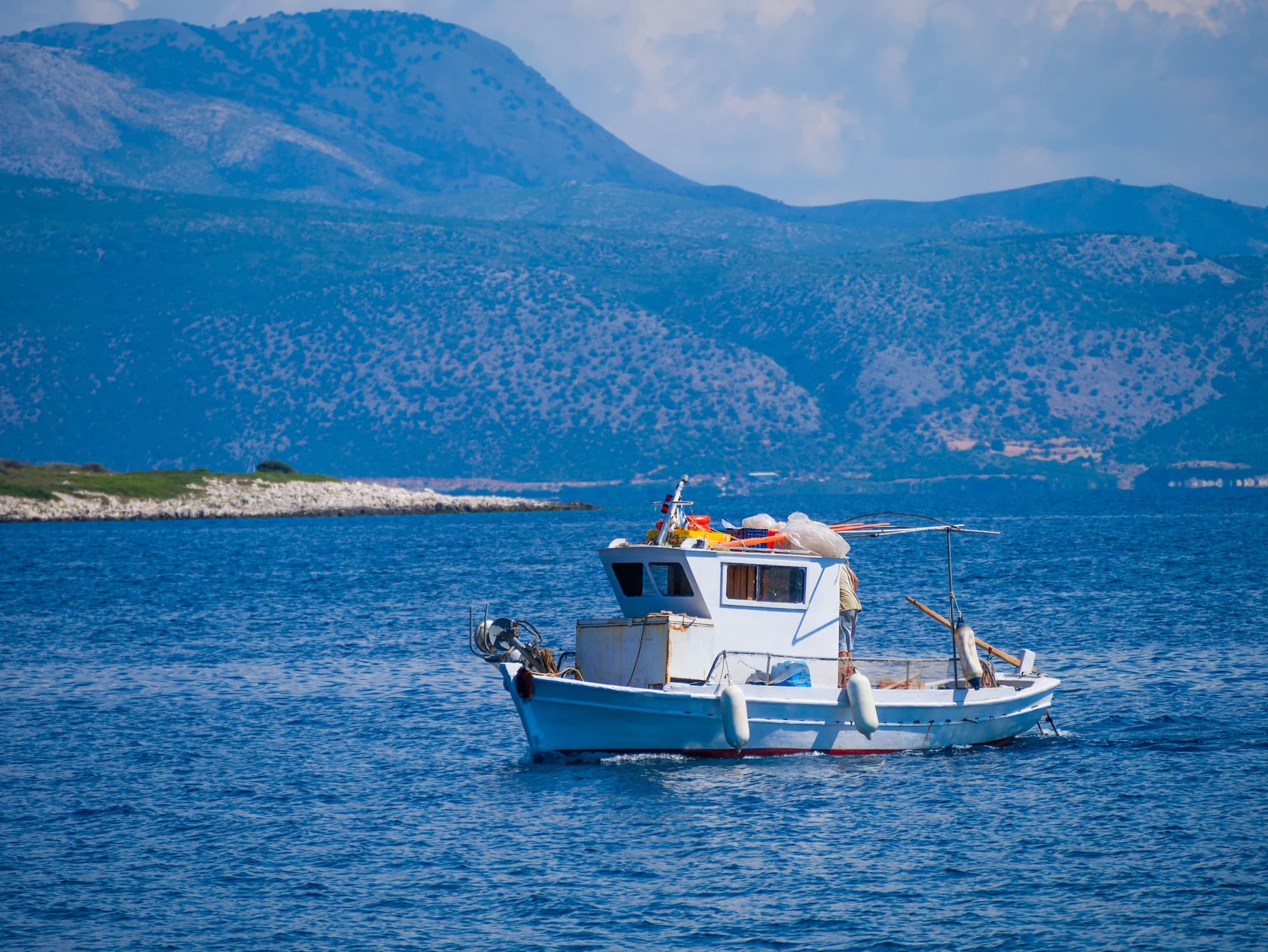 Santorini island Greece White Boat