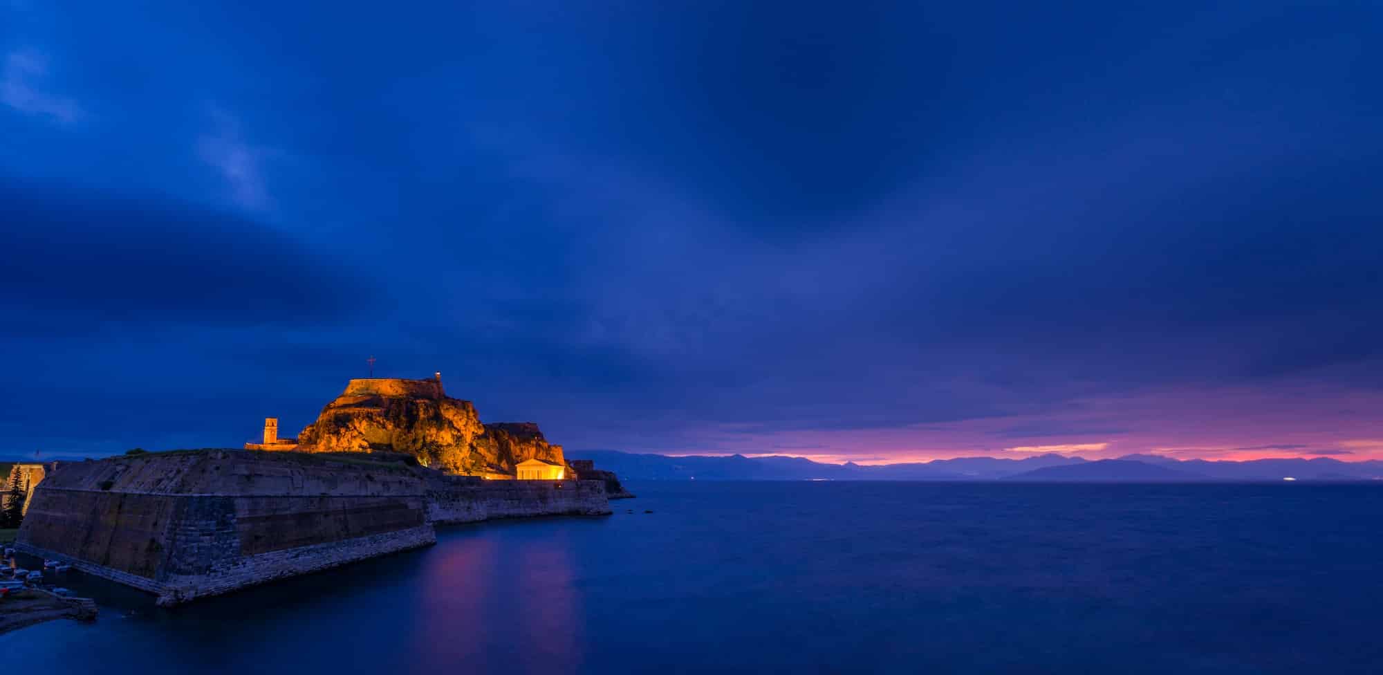 Hellenic temple and old castle at Corfu island