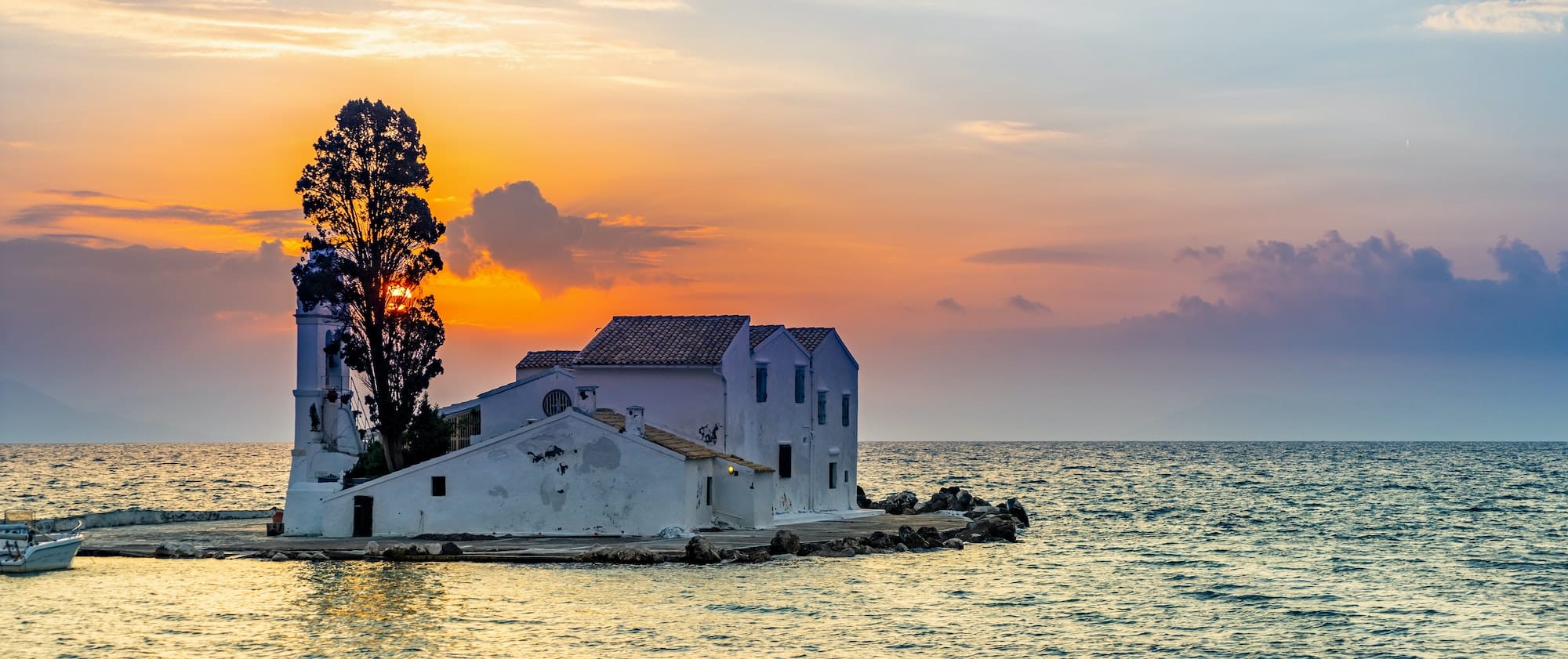 Vlacherna Monastery at sunrise on Corfu island