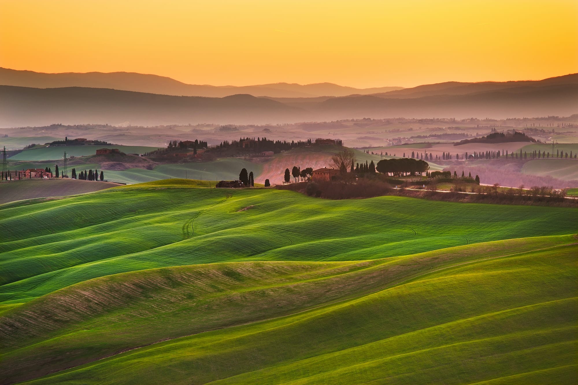 Crete senesi, rolling hills on sunset. Rural landscape near Sien