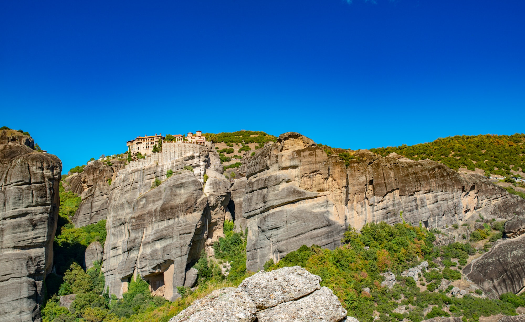 Meteora monastery on Corfu mountains with greenery