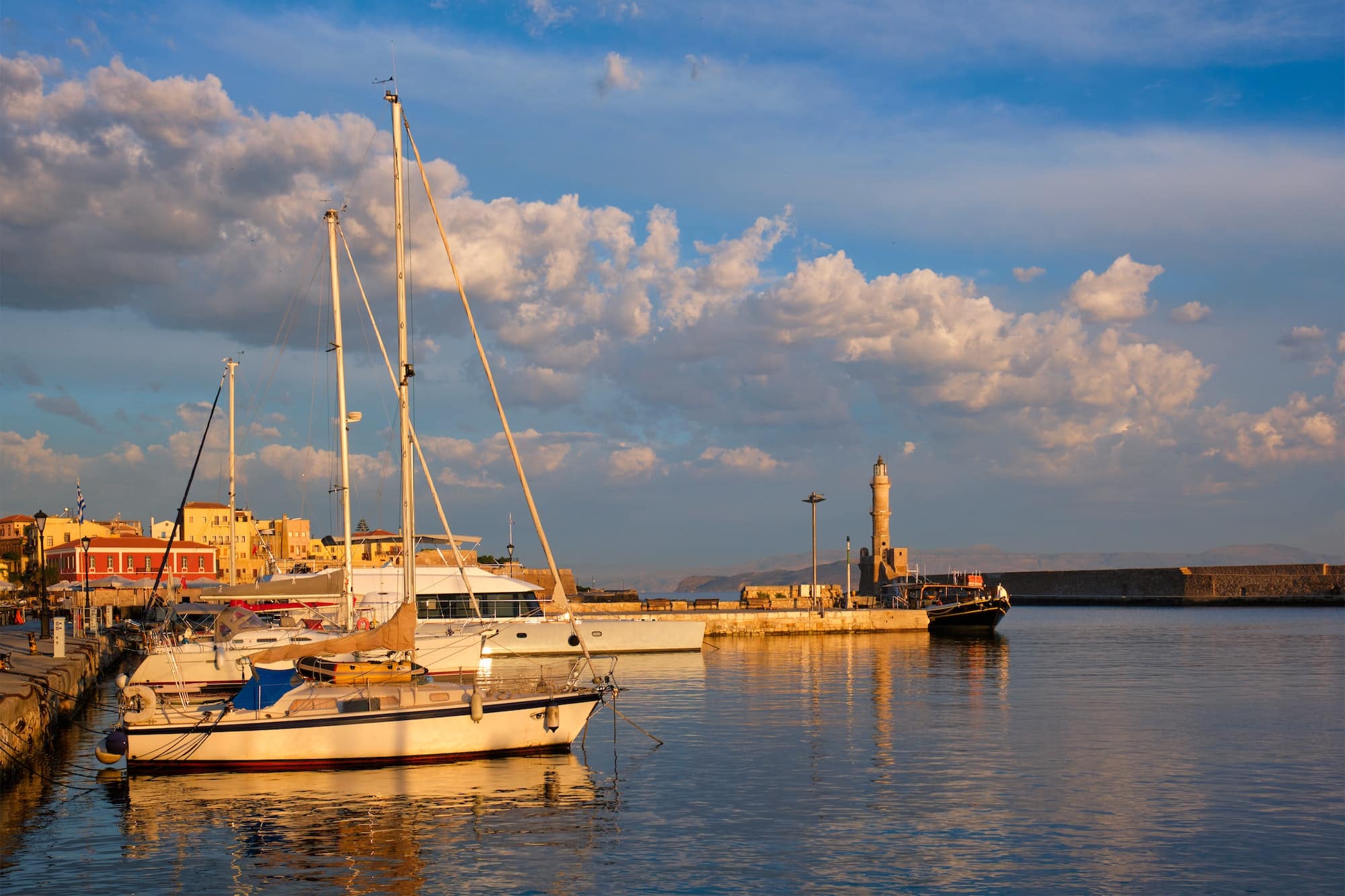 Yachts and boats in picturesque old port of Chania, Crete island. Greece