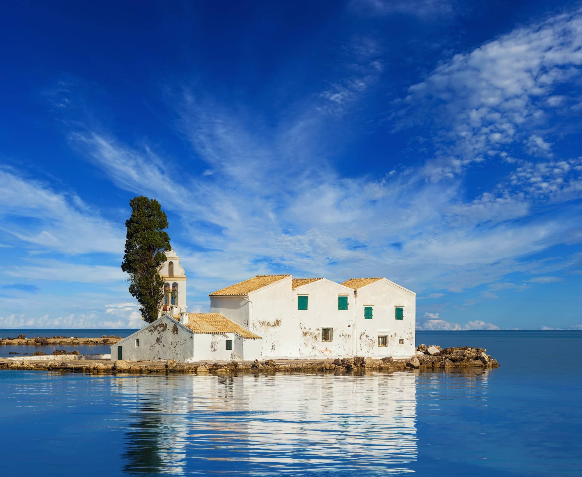 Sunset scene of Vlacherna monastery, Kanoni, Corfu