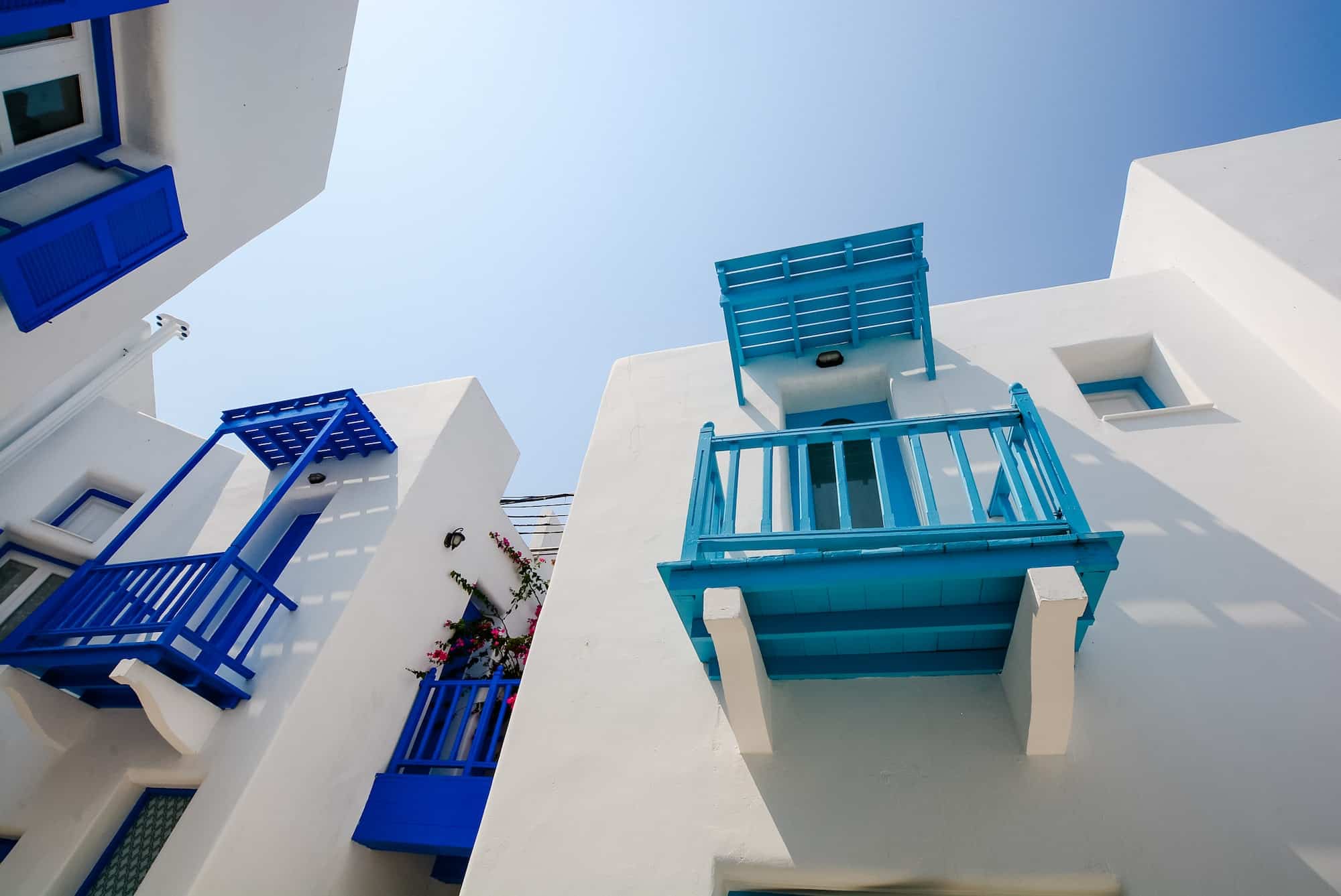 Beautiful Architecture building Exterior with santorini and greece style - Vintage light filter