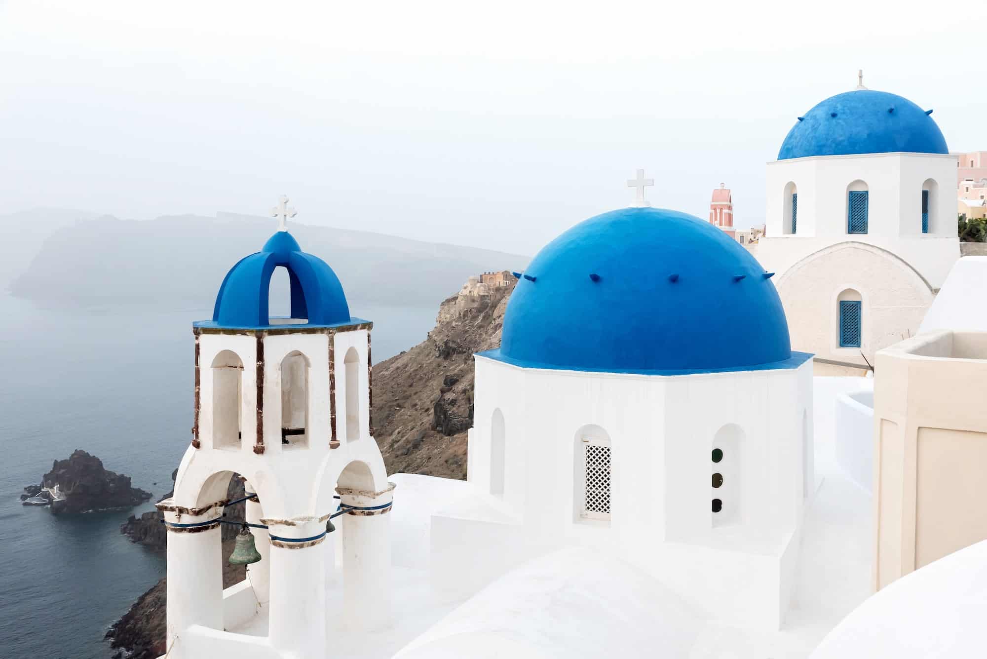 Orthodox church with blue dome on Santorini island, Greece