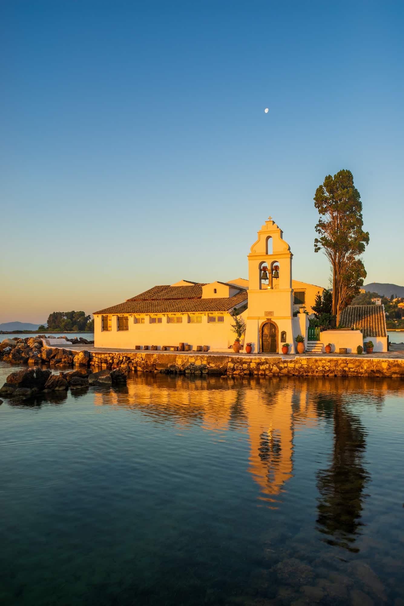 Vlacherna Monastery at sunrise on Corfu island