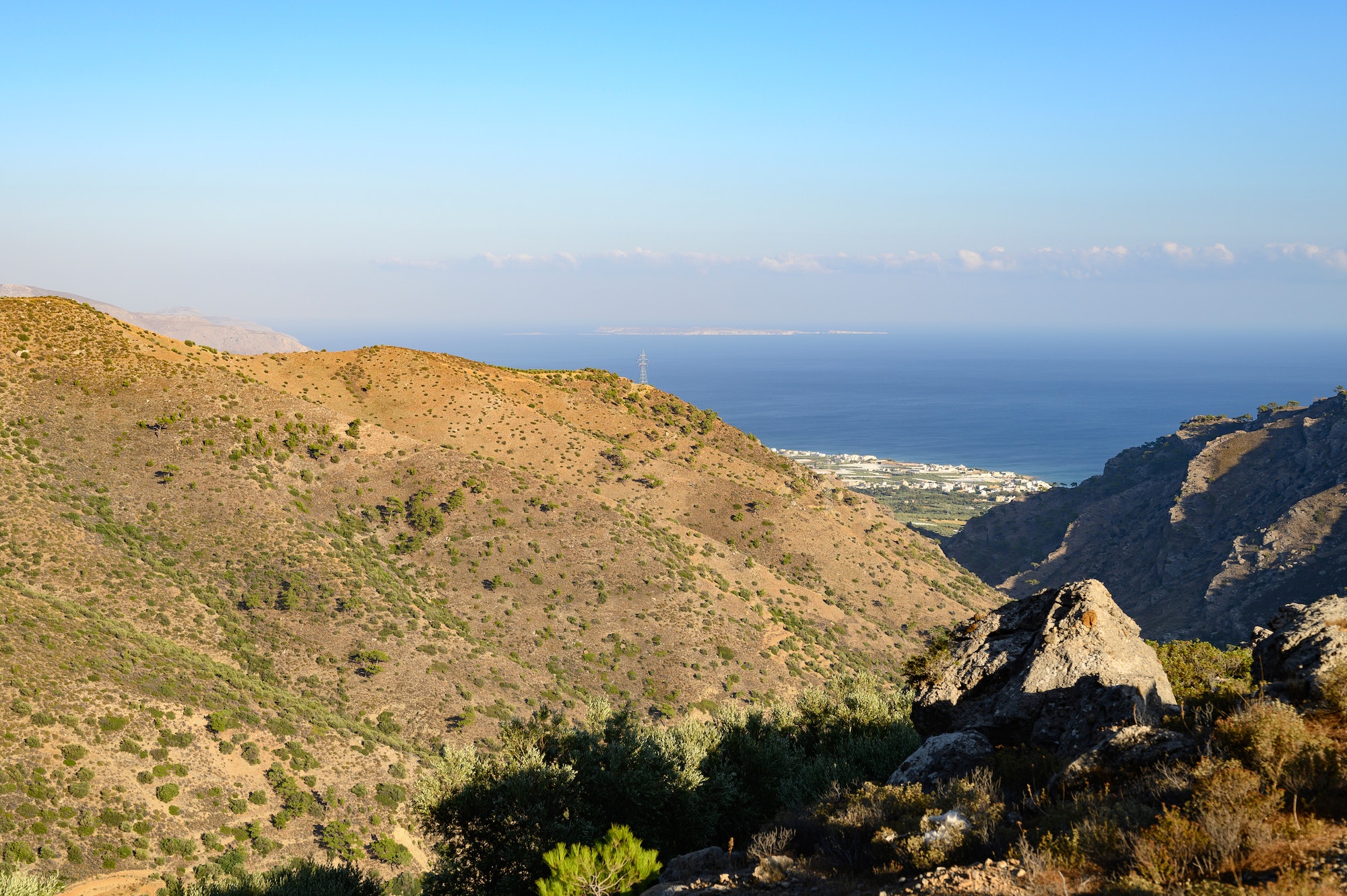 Mediterranean sea landscape with mountains at sunny day on Crete, Greece.