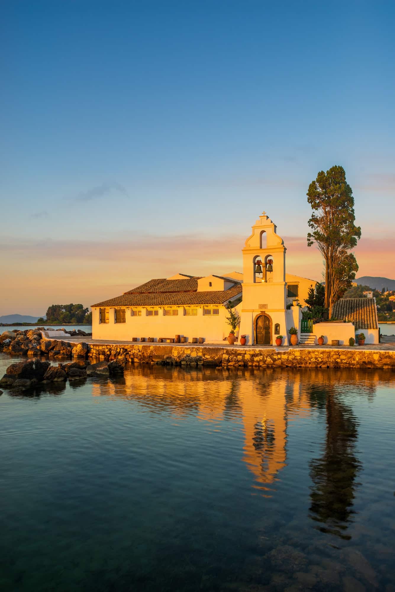 Vlacherna Monastery at sunrise on Corfu island