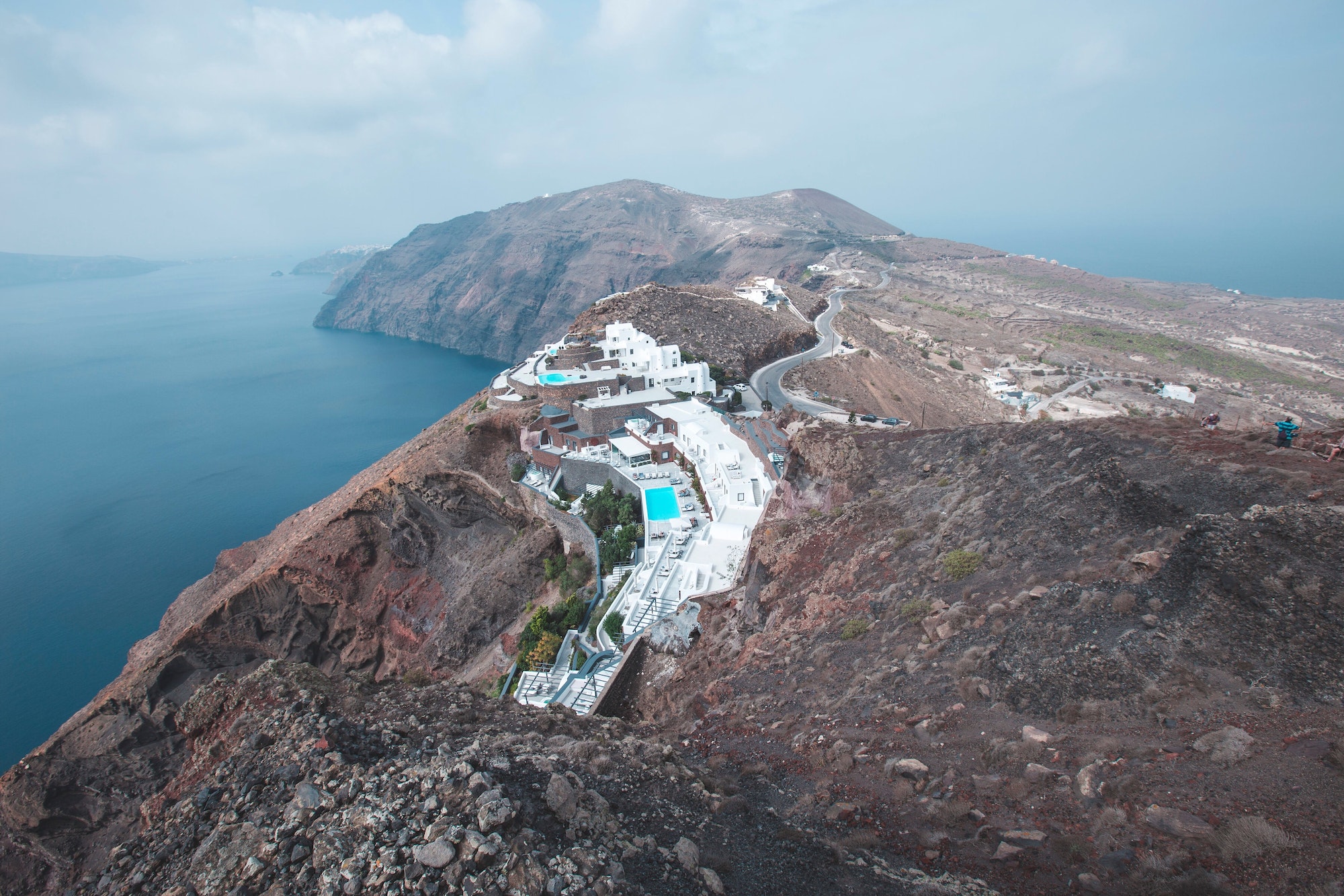 Mountains and white hotel view in the island of santorini