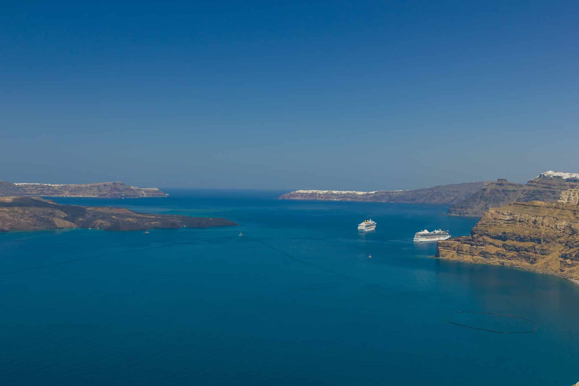 cruise ship near island of Santorini