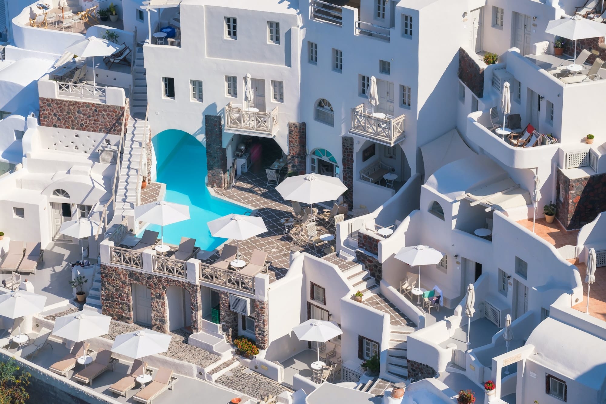 Oia village, Santorini, Greece. Architectural background. View of traditional houses in Santorini.