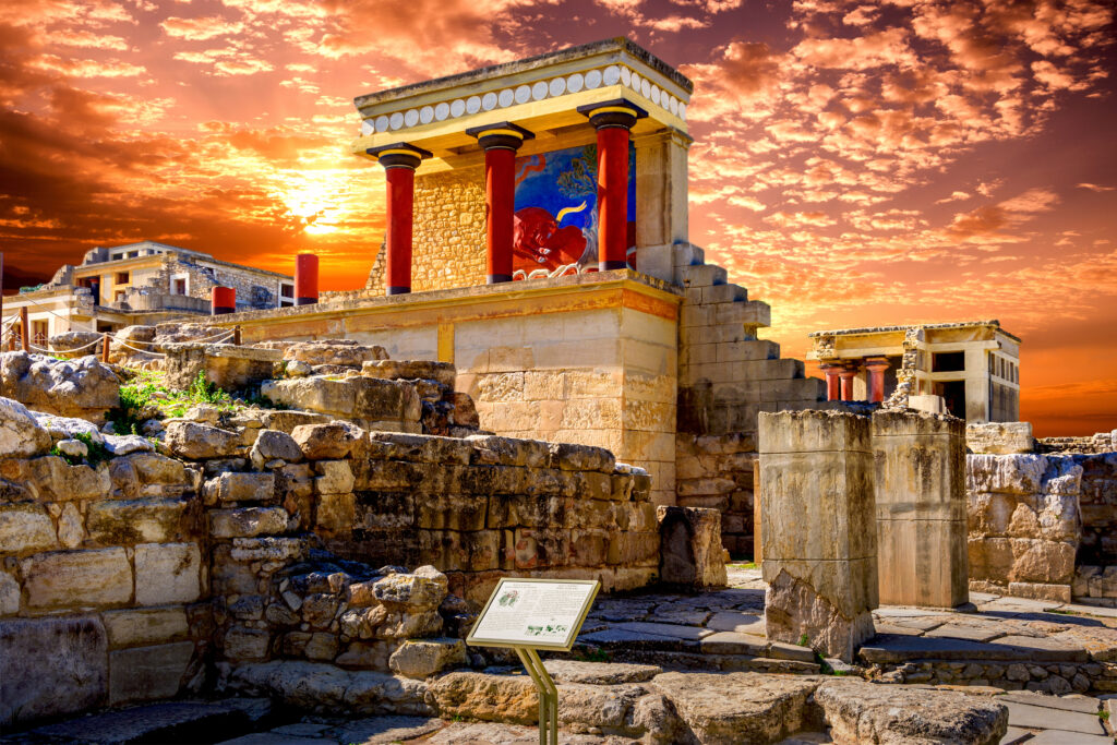 Old walls of Knossos near Heraklion. The ruins of the Minoan palaces is the largest archaeological site of all the palaces in Mediterranean island of Crete, UNESCO tentative list, Greece