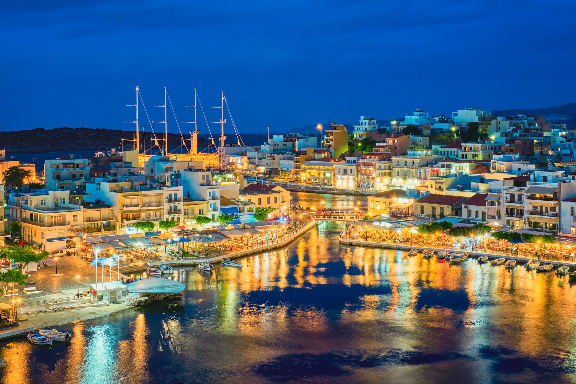 Beautiful Agios Nikolaos town at night. Lasithi region of Crete island, Greece