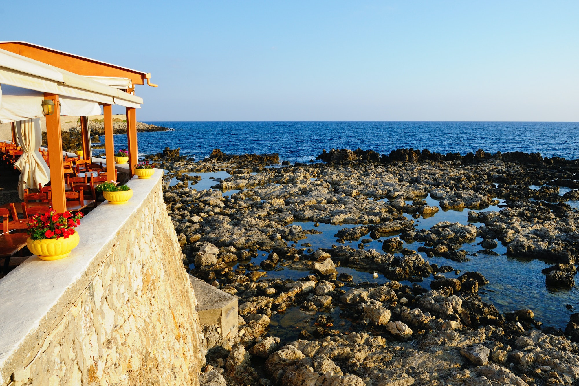 Tavern near sea at morning, Crete, Greece