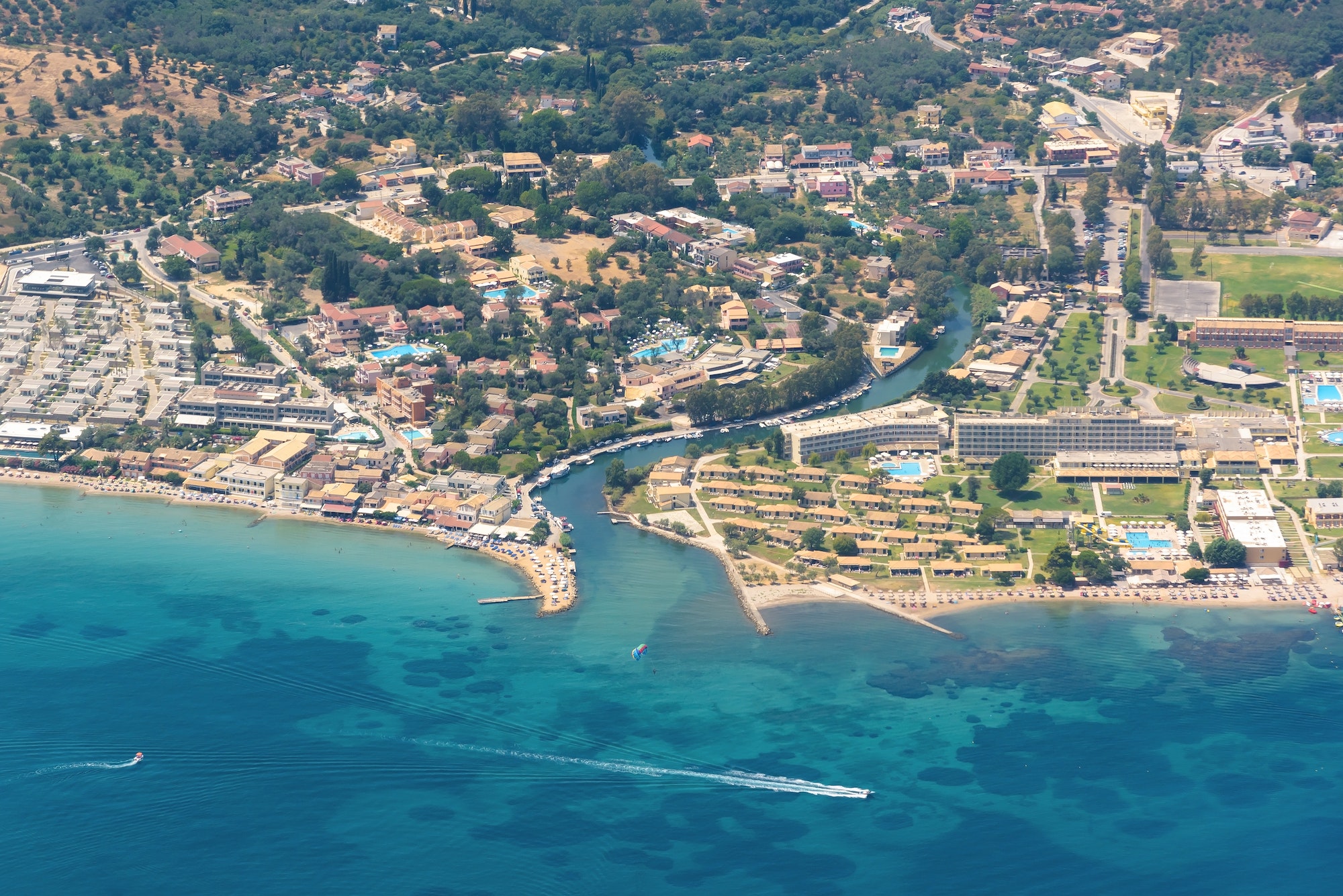 Aerial view of tourist resorts on Corfu island