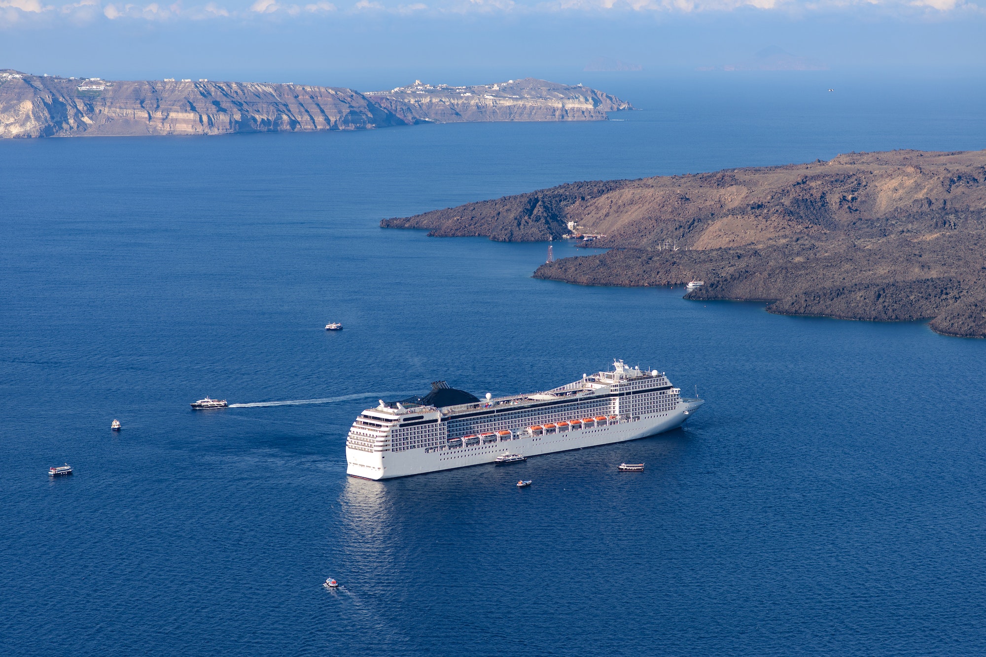 Cruise ship near the coast of Santorini.