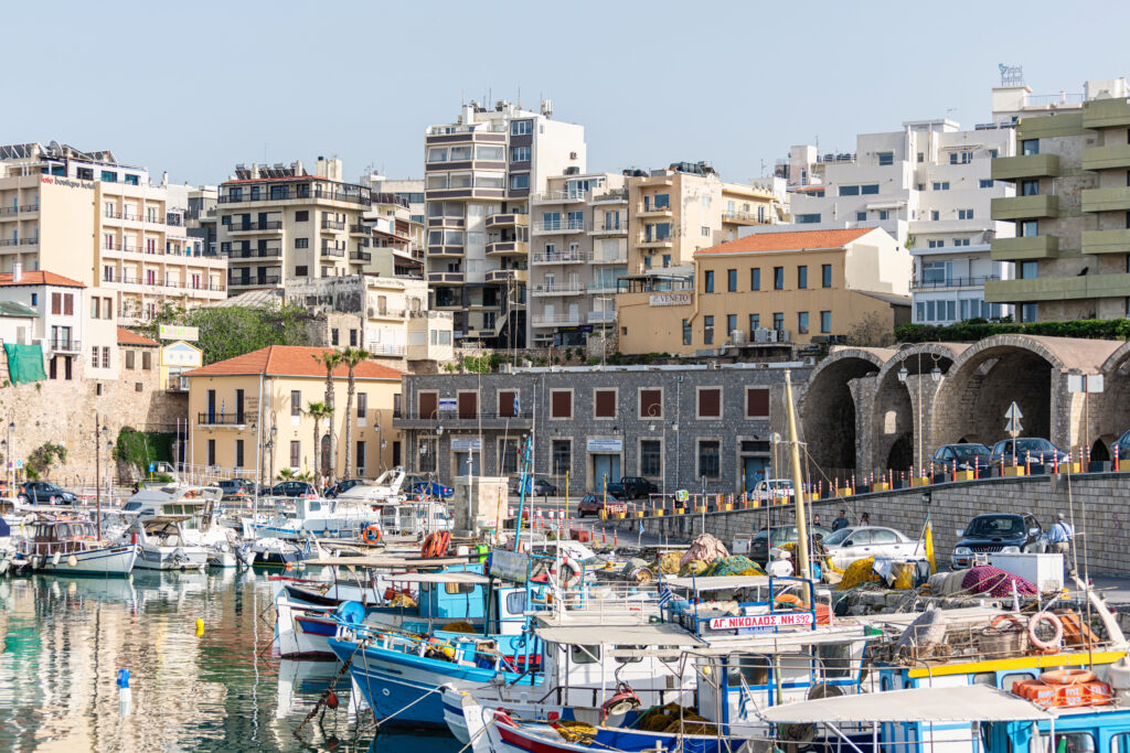 Yachts and ferry boat in the port of Heraklion. Panoramic and top view. Island of Crete, Greece