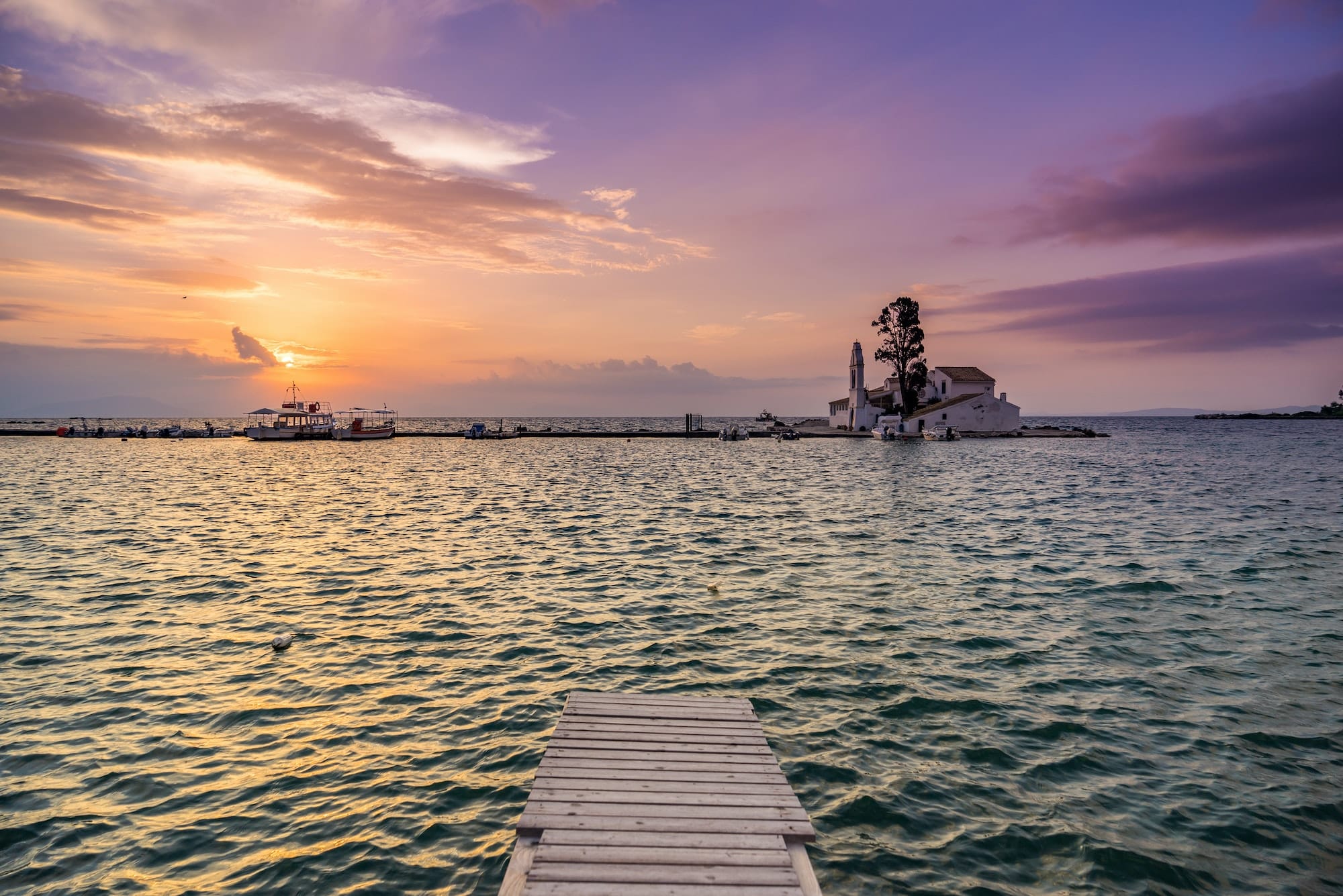 Vlacherna Monastery at sunrise on Corfu island