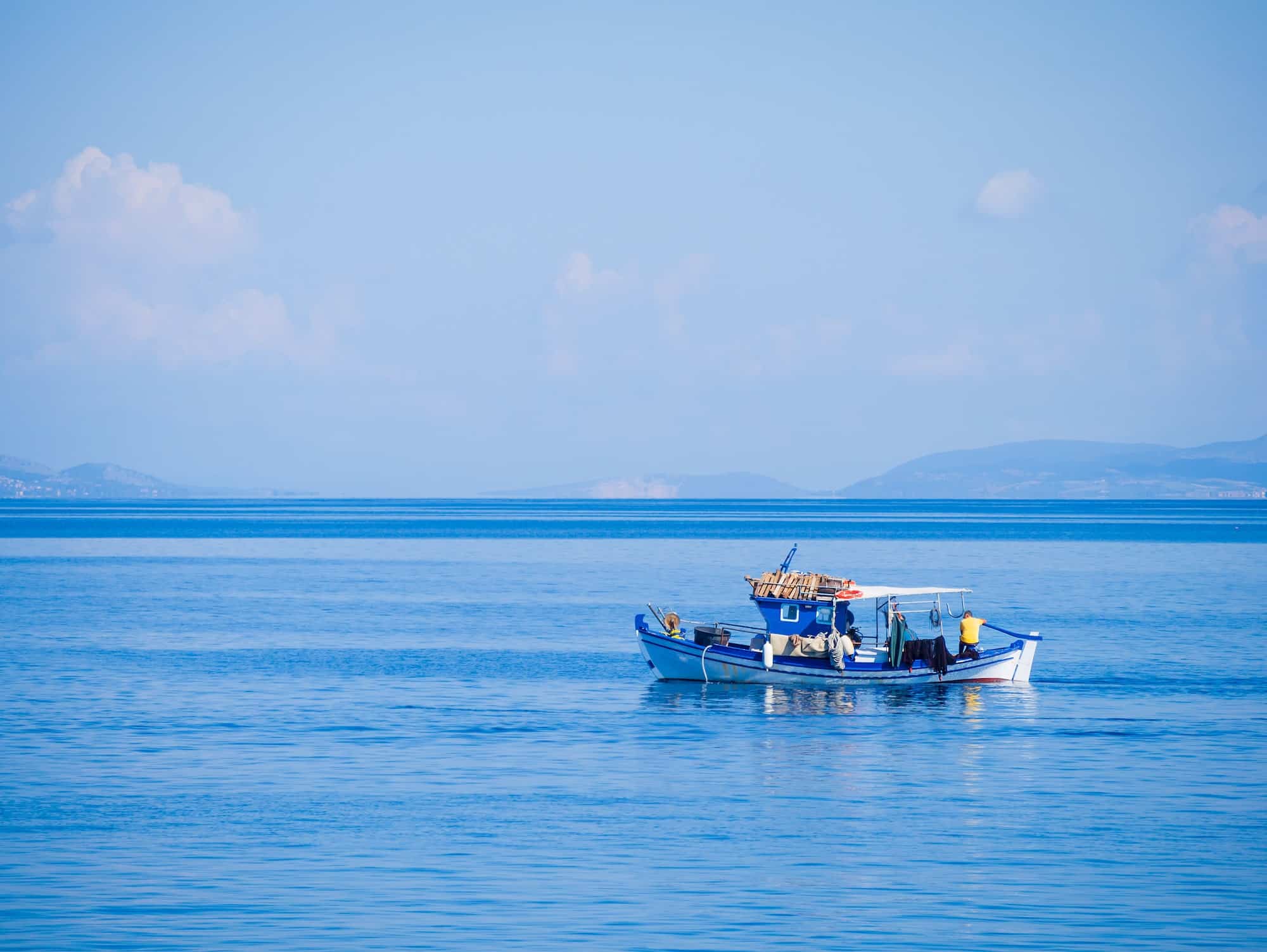 Santorini island Greece White Boat