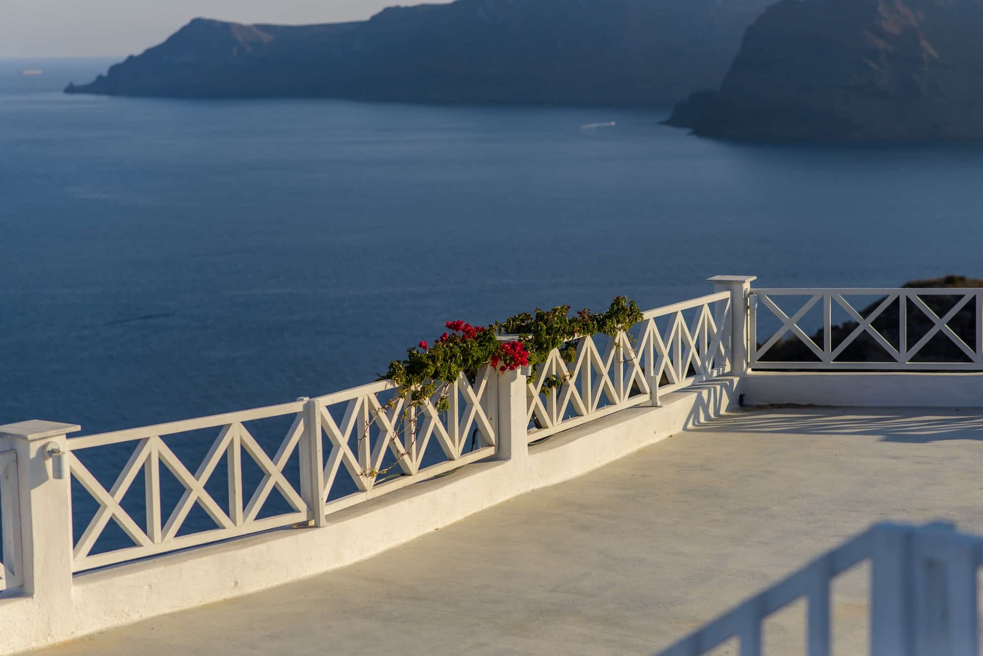 Flowers hanging from a fence against the backdrop of the sea. Taken in the village of Oia, Santorini