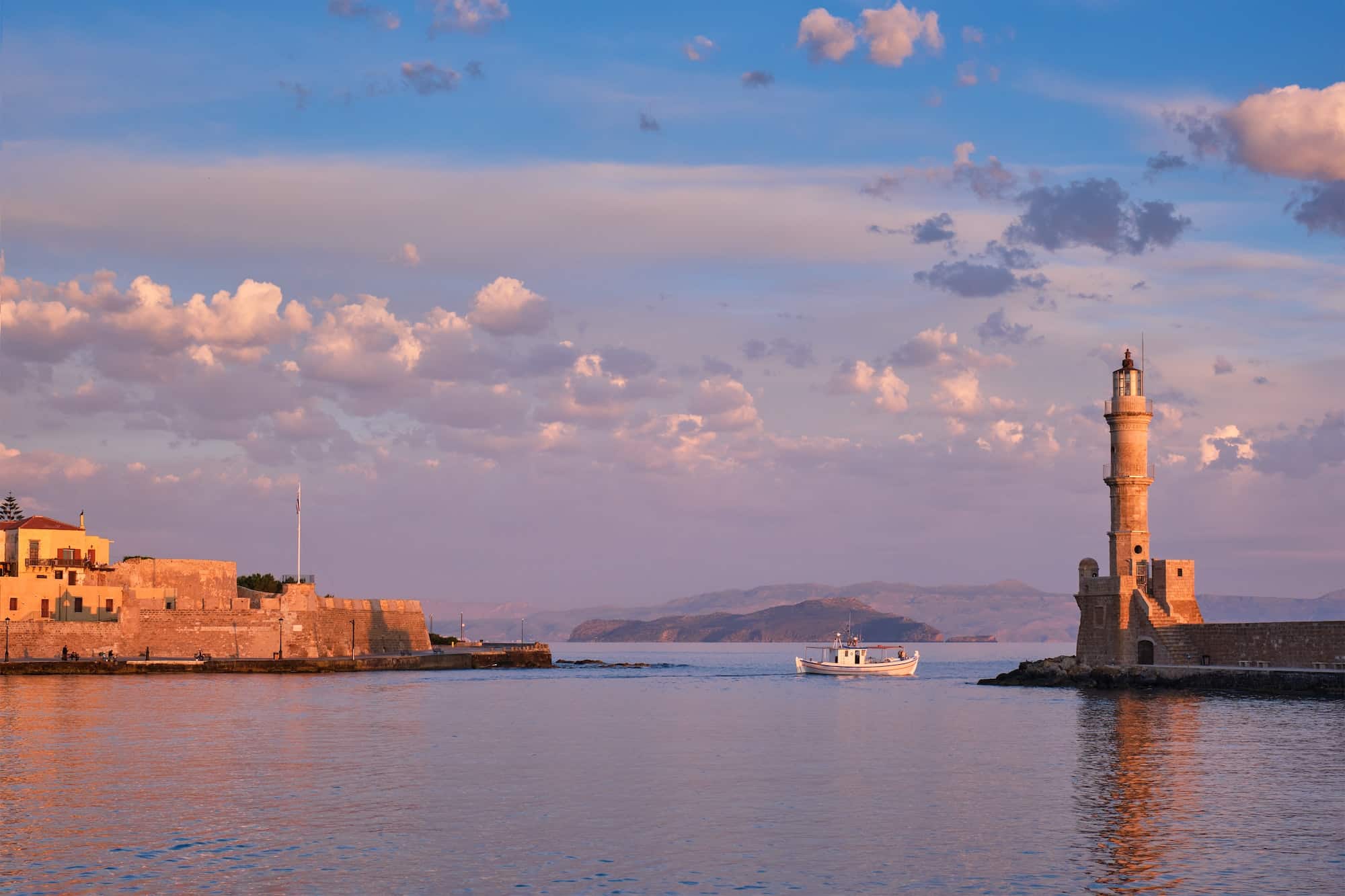Boat in picturesque old port of Chania, Crete island. Greece