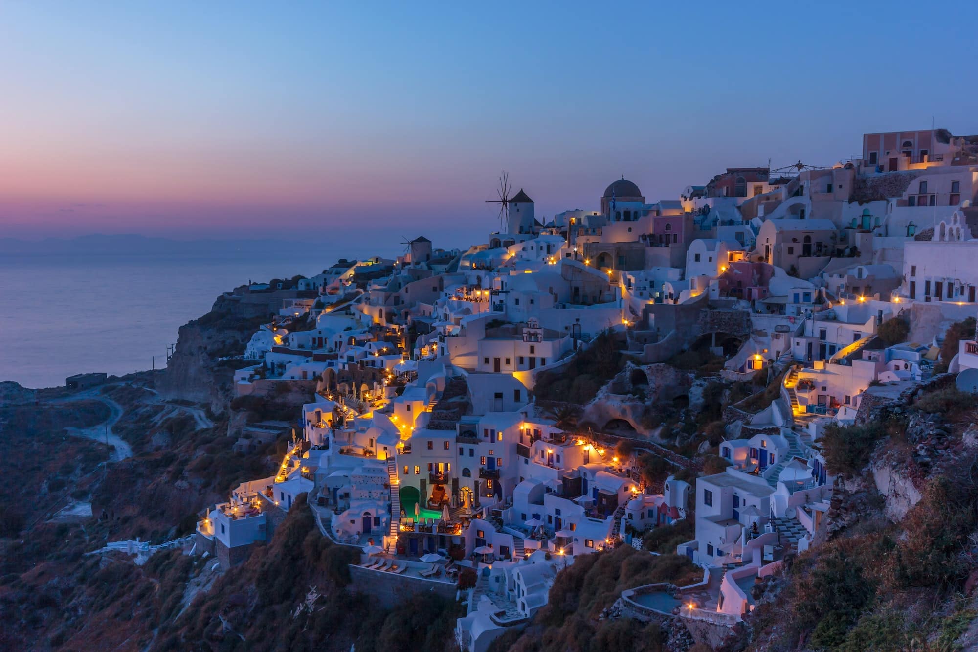 View on Oia in Santorini at sunset