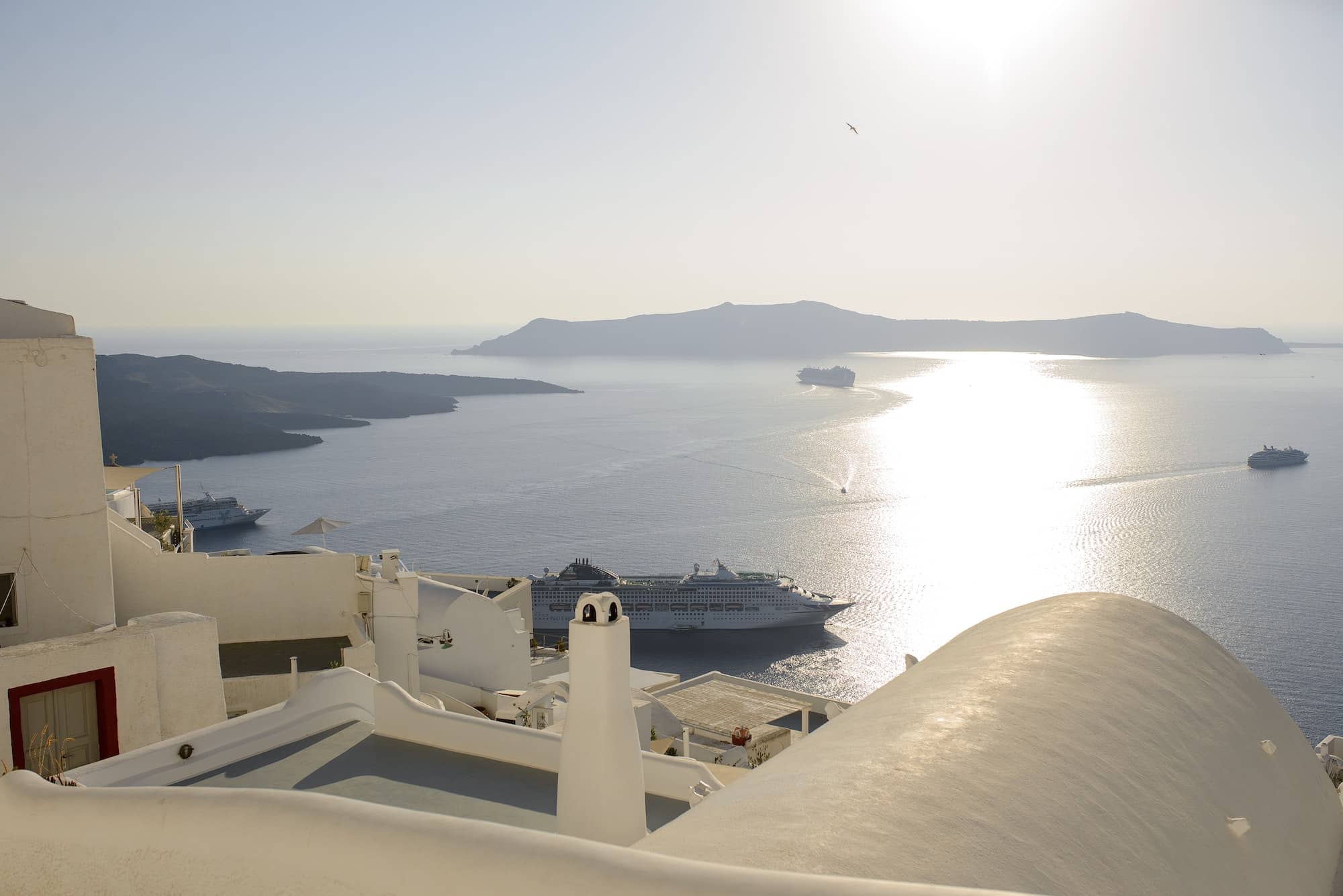 Cruise ships in the port near the city of Thira on the island of Santorini in Greece. 07/15/2019