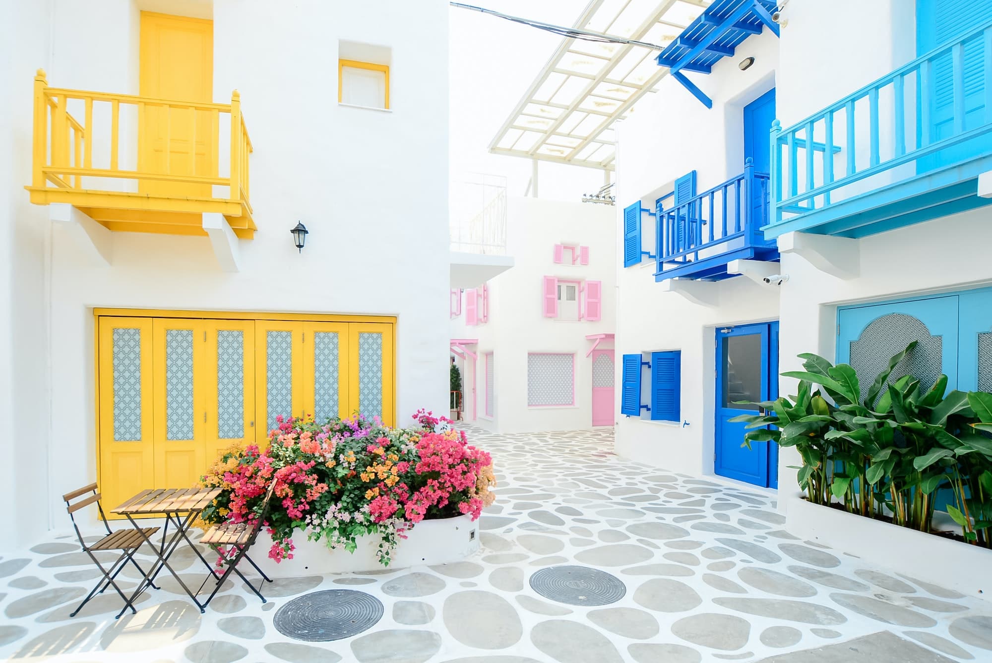 Beautiful Architecture building Exterior with santorini and greece style - Vintage light filter