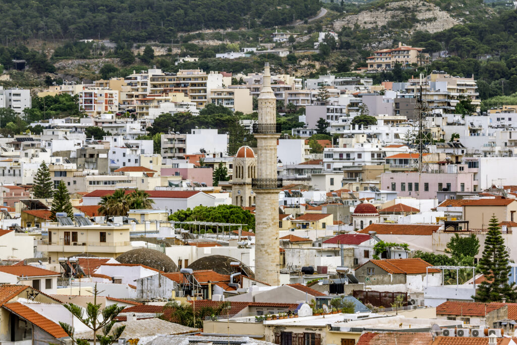 Roofs and minaret of a mosque in the old town of Rethymno in Gre