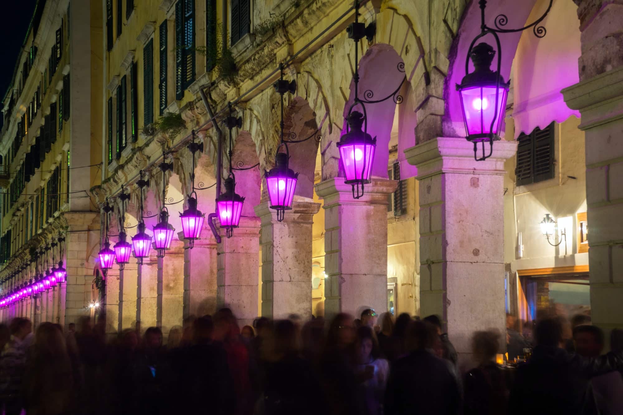 Holy week with purple lanterns on Liston Square, Corfu, Greece