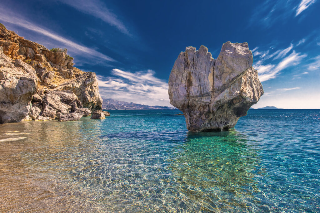 Preveli beach on Crete island with azure clear water, Greece, Europe. Crete is the largest and most populous of the Greek islands.