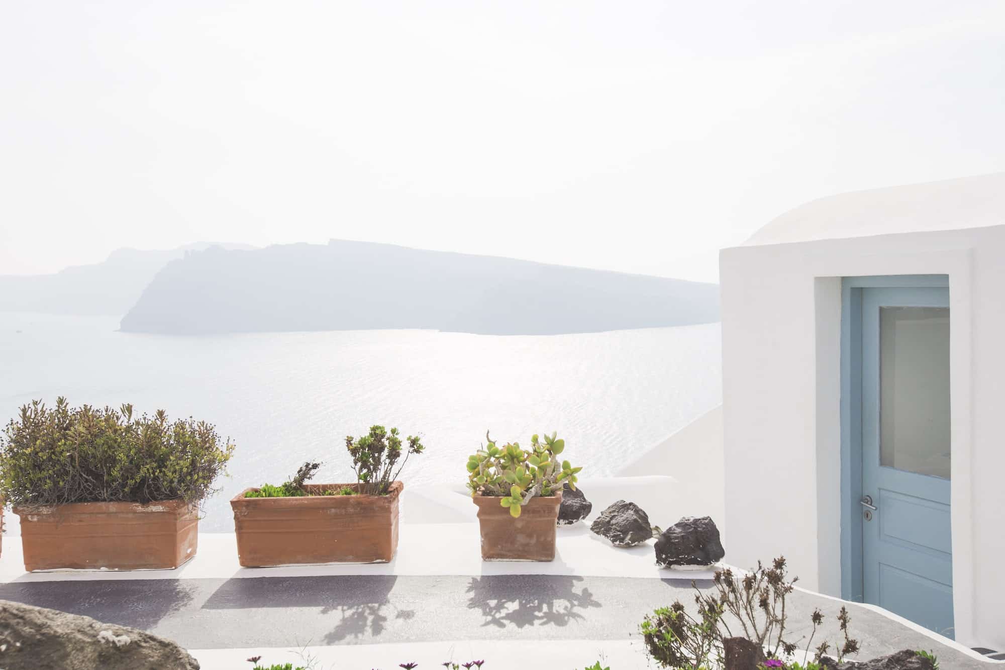Potted plants in an outside home in santorini with Aegean ocean view